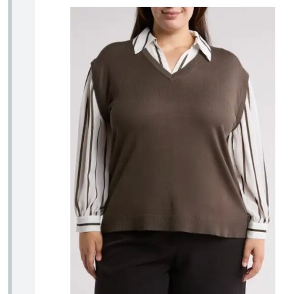 Adrianna Papell Twofer Sweater- Fatigue W/fatigue Combo Stripe- Size 1x NWT - Picture 2 of 2